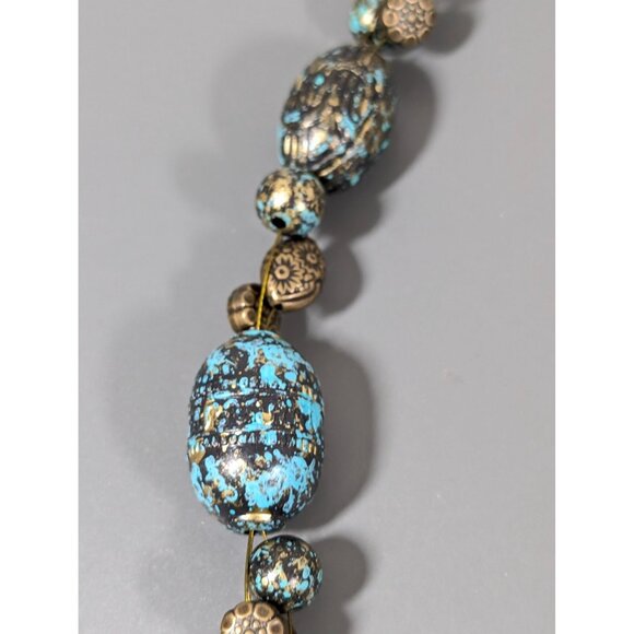 Bronze Tone Green Patina Faux Stone Statement Necklace 20" Tribal Boho - Picture 8 of 9